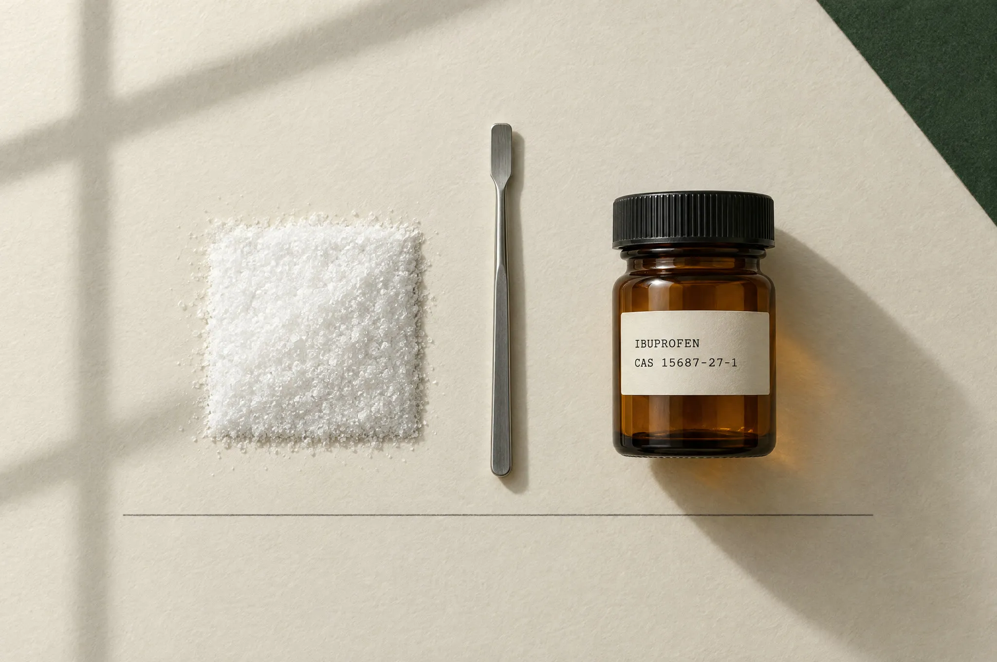 White crystalline powder, a spatula and an amber jar labelled Ibuprofen, CAS 15687-27-1